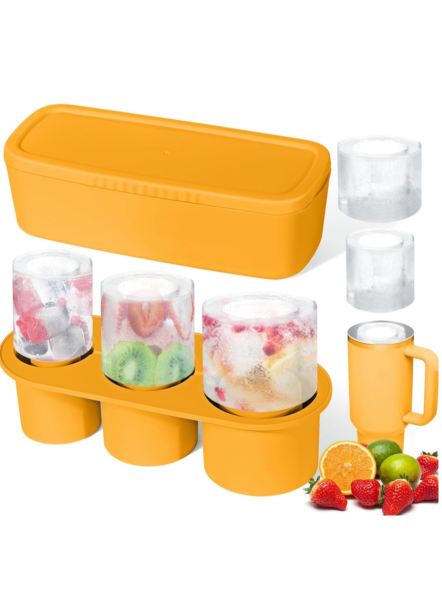 Ice Cube Tray for Cup Silicone Ice Cube Mold with Spill-Resistant Lid 3 Hollow Cylinder Ice Cube Molds for 20-40 oz Tumblers BPA Free Ice Cube Trays for Freezer Drinks Coffee  Orange 