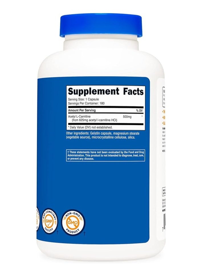 Acetyl L-Carnitine Capsules, Supports Cognitive Function and Blood Flow, 500mg, 180 Capsules -
