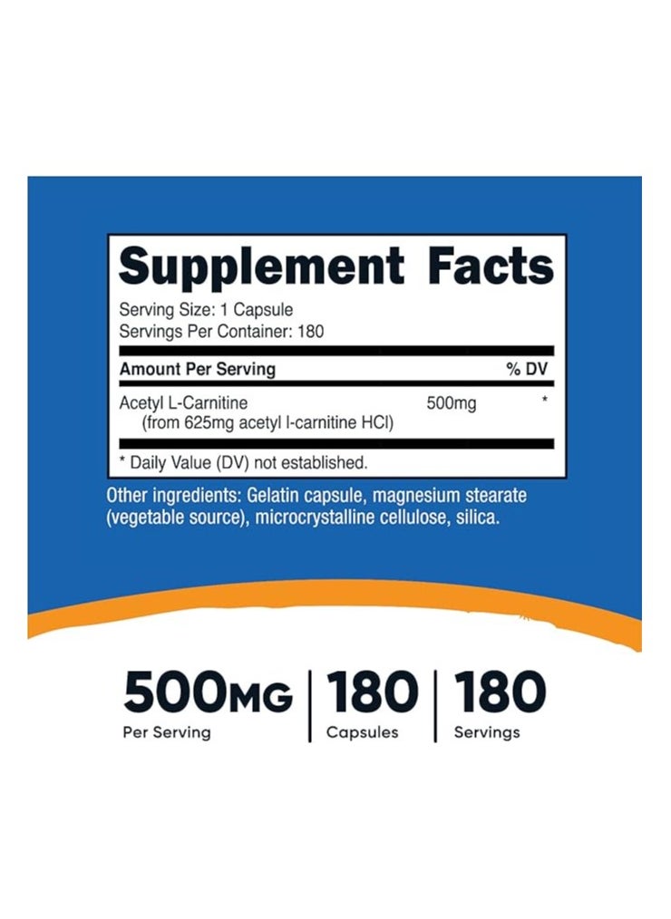 Acetyl L-Carnitine Capsules, Supports Cognitive Function and Blood Flow, 500mg, 180 Capsules -