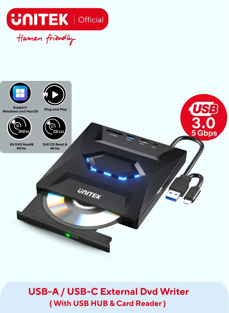 UNITEK محرك أقراص DVD خارجي محمول USB-C / USB3.0 مع قارئ بطاقات. 5 في 1 كاتب DVD للكمبيوتر المحمول، الكمبيوتر المكتبي، ماك، ماك بوك، IOS، ويندوز 10 8 7 XP ولينكس. - Image 1