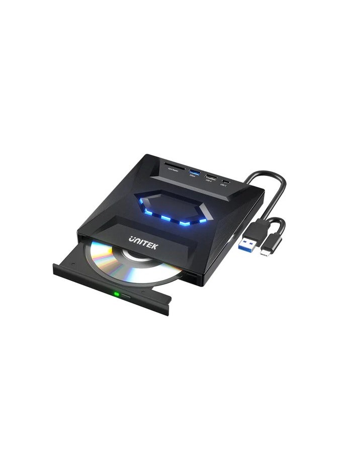 UNITEK External Optical Drive with USB Hub (USB-A + USB-C + SD), Portable External DVD Burner And Optical Drive with USB 3.0 and Type-C for Laptop, Desktop, Mac, Macbook, IOS, Windows 10 8 7 XP and Linux  - Image 1