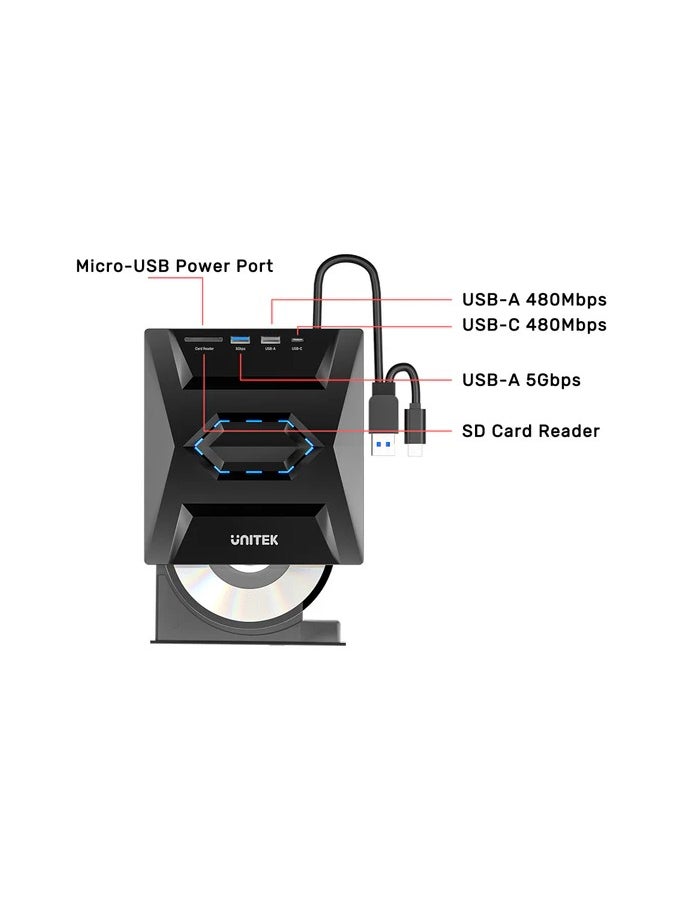UNITEK External Optical Drive with USB Hub (USB-A + USB-C + SD), Portable External DVD Burner And Optical Drive with USB 3.0 and Type-C for Laptop, Desktop, Mac, Macbook, IOS, Windows 10 8 7 XP and Linux  - Image 2