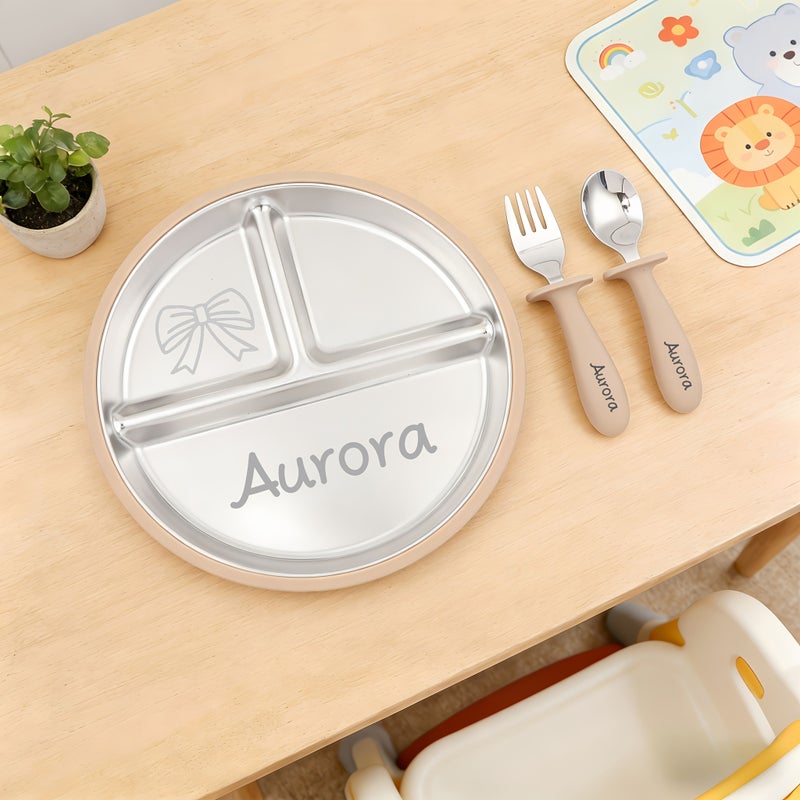 Pink Custom Engraved Weaning Set with Dish Fork Spoon 304 Stainless Steel Easy Clean - Image 3
