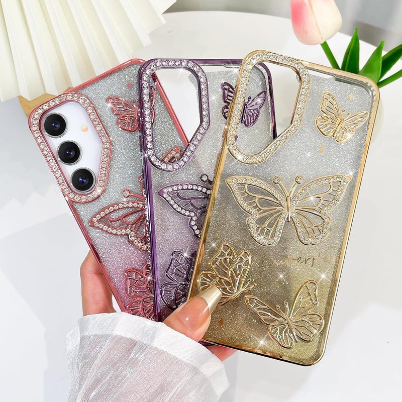 Elzzi غطاء هاتف بتصميم فراشة مطلي كهربائياً لأحدث هواتف سامسونج S24 FE، يعرض لؤلؤة الماس الناعمة TPU، حماية الكاميرا، مقاوم للصدمات، مقاوم للسقوط أنيق للفتيات والنساء (ذهبي) - Image 4