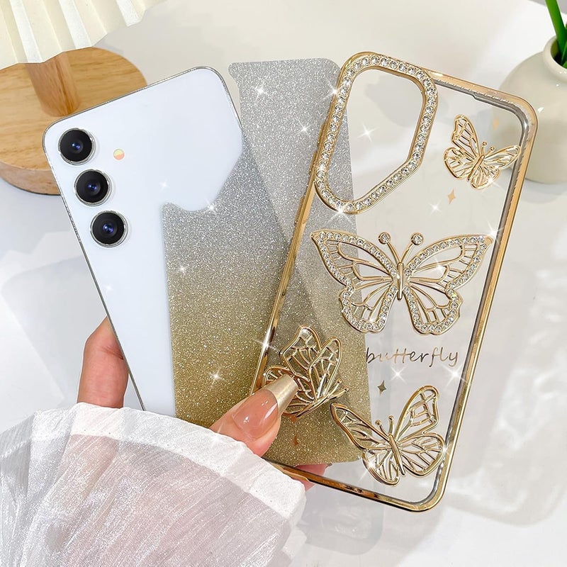 Elzzi غطاء هاتف بتصميم فراشة مطلي كهربائياً لأحدث هواتف سامسونج S24 FE، يعرض لؤلؤة الماس الناعمة TPU، حماية الكاميرا، مقاوم للصدمات، مقاوم للسقوط أنيق للفتيات والنساء (ذهبي) - Image 2