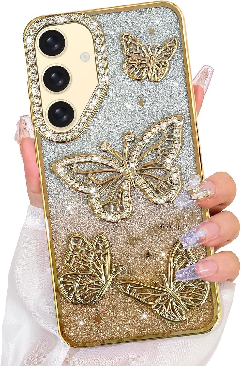 Elzzi غطاء هاتف بتصميم فراشة مطلي كهربائياً لأحدث هواتف سامسونج S24 FE، يعرض لؤلؤة الماس الناعمة TPU، حماية الكاميرا، مقاوم للصدمات، مقاوم للسقوط أنيق للفتيات والنساء (ذهبي) - Image 1