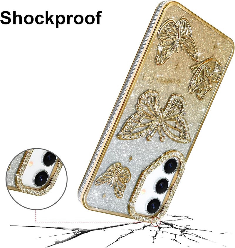 Elzzi غطاء هاتف بتصميم فراشة مطلي كهربائياً لأحدث هواتف سامسونج S24 FE، يعرض لؤلؤة الماس الناعمة TPU، حماية الكاميرا، مقاوم للصدمات، مقاوم للسقوط أنيق للفتيات والنساء (ذهبي) - Image 3