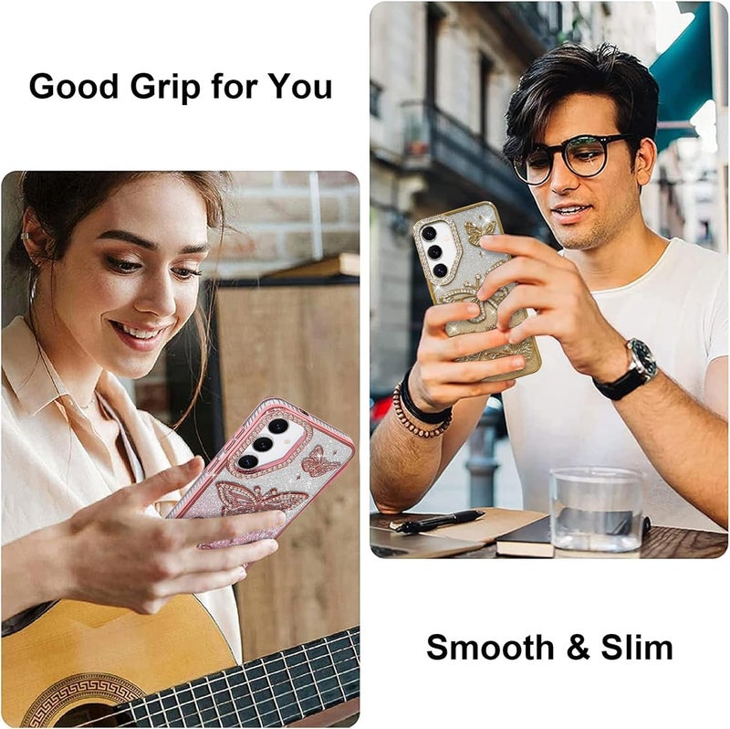 Elzzi غطاء هاتف بتصميم فراشة مطلي كهربائياً لأحدث هواتف سامسونج S24 FE، يعرض لؤلؤة الماس الناعمة TPU، حماية الكاميرا، مقاوم للصدمات، مقاوم للسقوط أنيق للفتيات والنساء (ذهبي) - Image 5