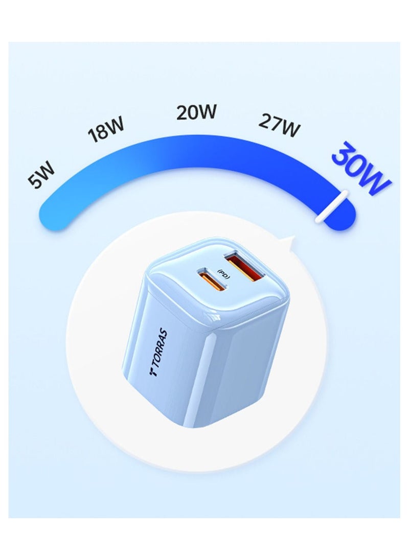 PD 30W GaN Double Ports TYPE-C and USB-A Super Fast Lightning Charger Power Adapter With 1.2 Meter Lightning Charging Cable Blue