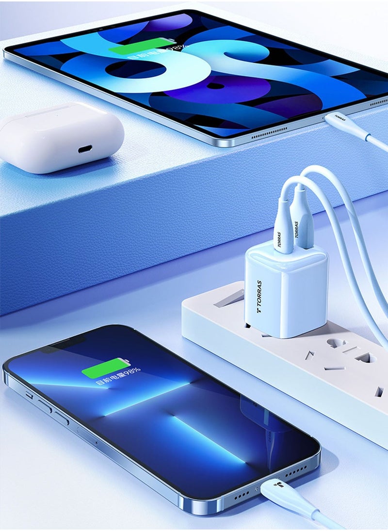 PD 30W GaN Double Ports TYPE-C and USB-A Super Fast Lightning Charger Power Adapter With 1.2 Meter Lightning Charging Cable Blue