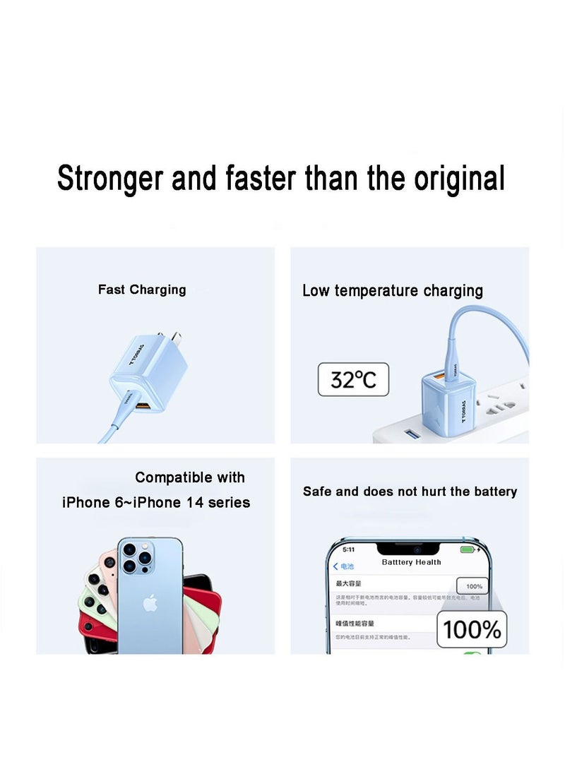 PD 30W GaN Double Ports TYPE-C and USB-A Super Fast Lightning Charger Power Adapter With 1.2 Meter Lightning Charging Cable Blue