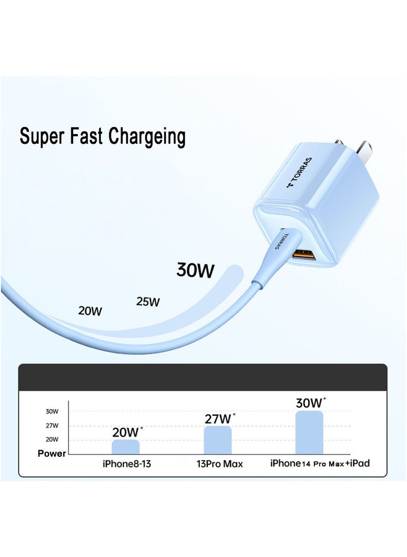 PD 30W GaN Double Ports TYPE-C and USB-A Super Fast Lightning Charger Power Adapter With 1.2 Meter Lightning Charging Cable Blue