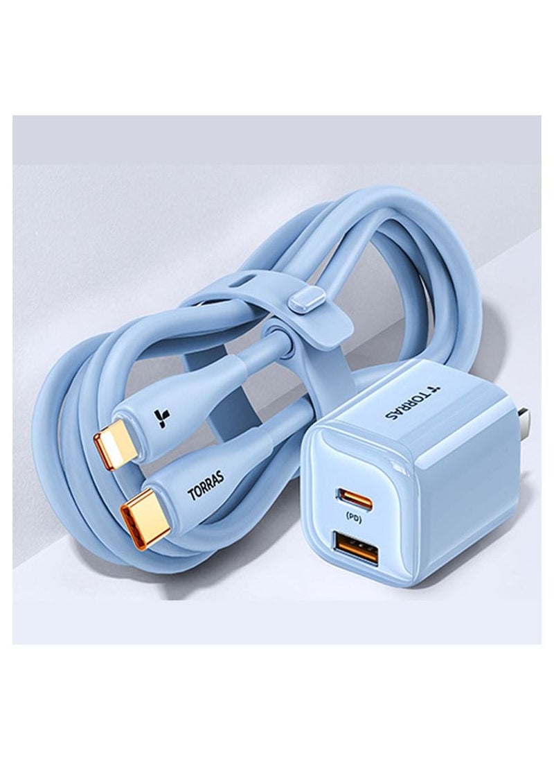 PD 30W GaN Double Ports TYPE-C and USB-A Super Fast Lightning Charger Power Adapter With 1.2 Meter Lightning Charging Cable Blue