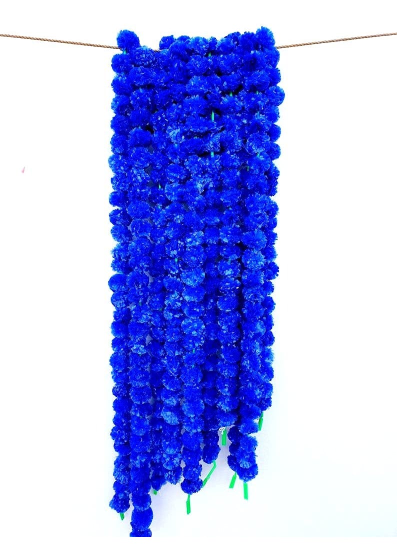 Lazybeee Lazybeee Pack of 10 Dark Blue Artificial Marigold Fluffy Flowers String Garlands for Ganesh Decoration Diwali Decoration Toran for Festival Decor Home Decoration Dark Blue  - Image 3