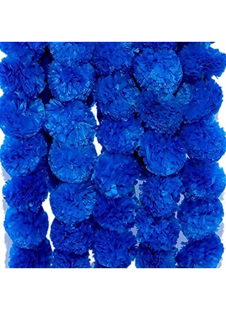 Lazybeee Lazybeee Pack of 10 Dark Blue Artificial Marigold Fluffy Flowers String Garlands for Ganesh Decoration Diwali Decoration Toran for Festival Decor Home Decoration Dark Blue  - Image 1