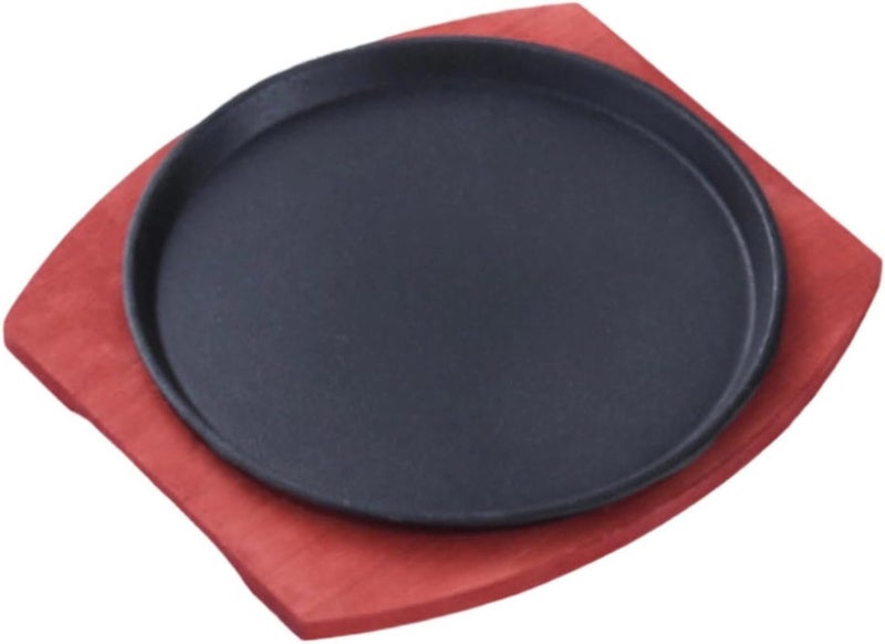 Barbecue Plate Accessory Round Cookware Portable Versatile Black Wood Base Steak Pan for Pancakes Kitchen Picnic, 19 cm - Image 1