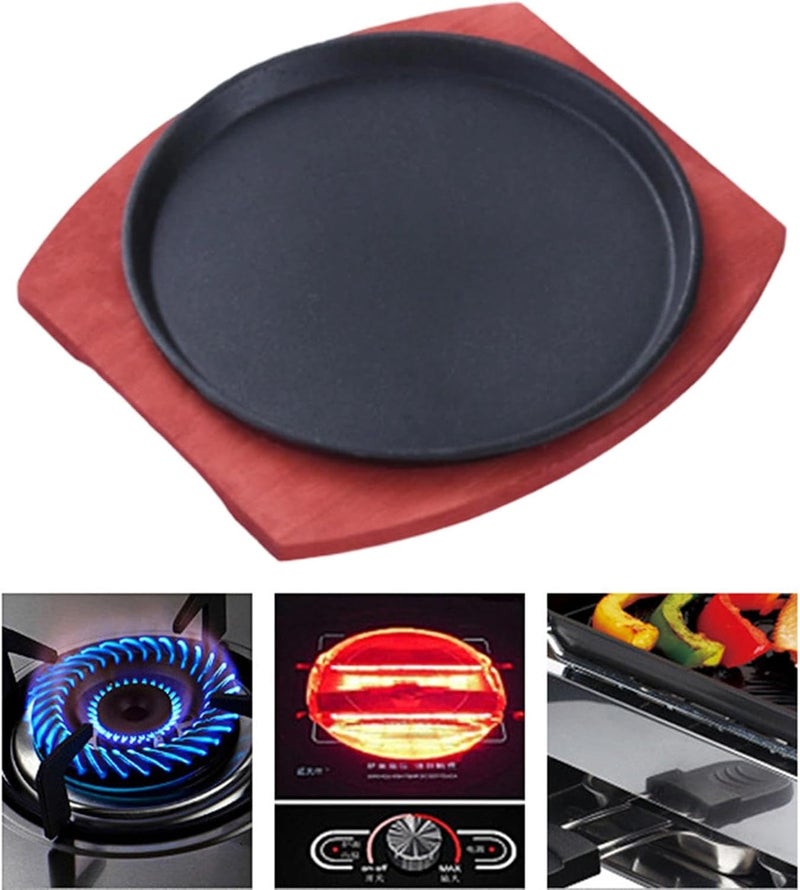 Barbecue Plate Accessory Round Cookware Portable Versatile Black Wood Base Steak Pan for Pancakes Kitchen Picnic, 19 cm - Image 5