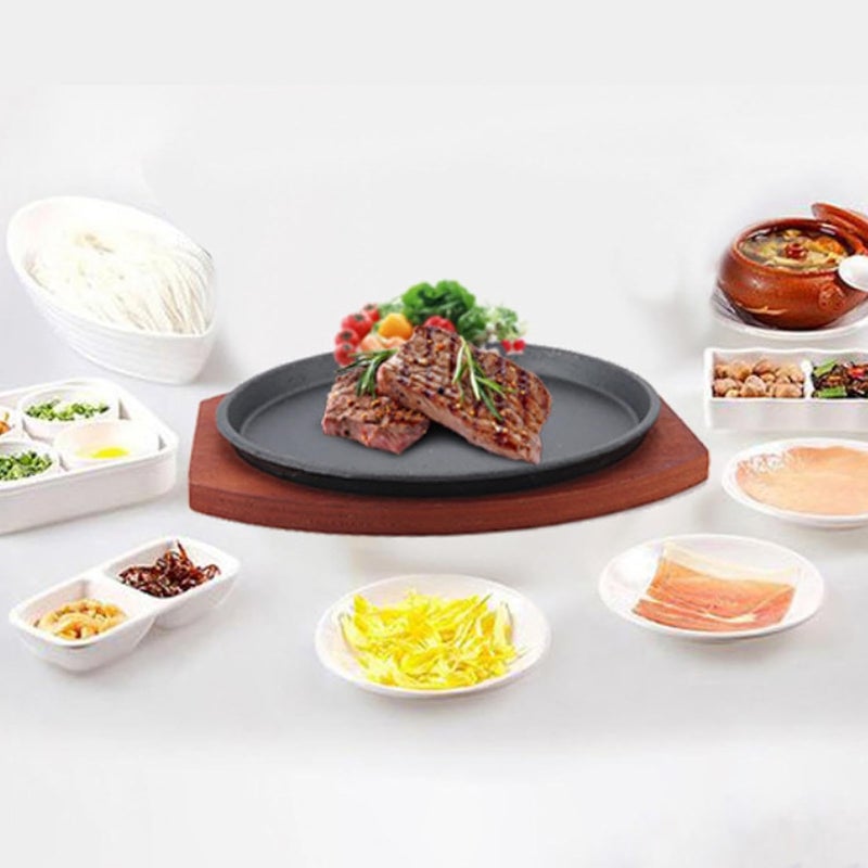 Barbecue Plate Accessory Round Cookware Portable Versatile Black Wood Base Steak Pan for Pancakes Kitchen Picnic, 19 cm - Image 4