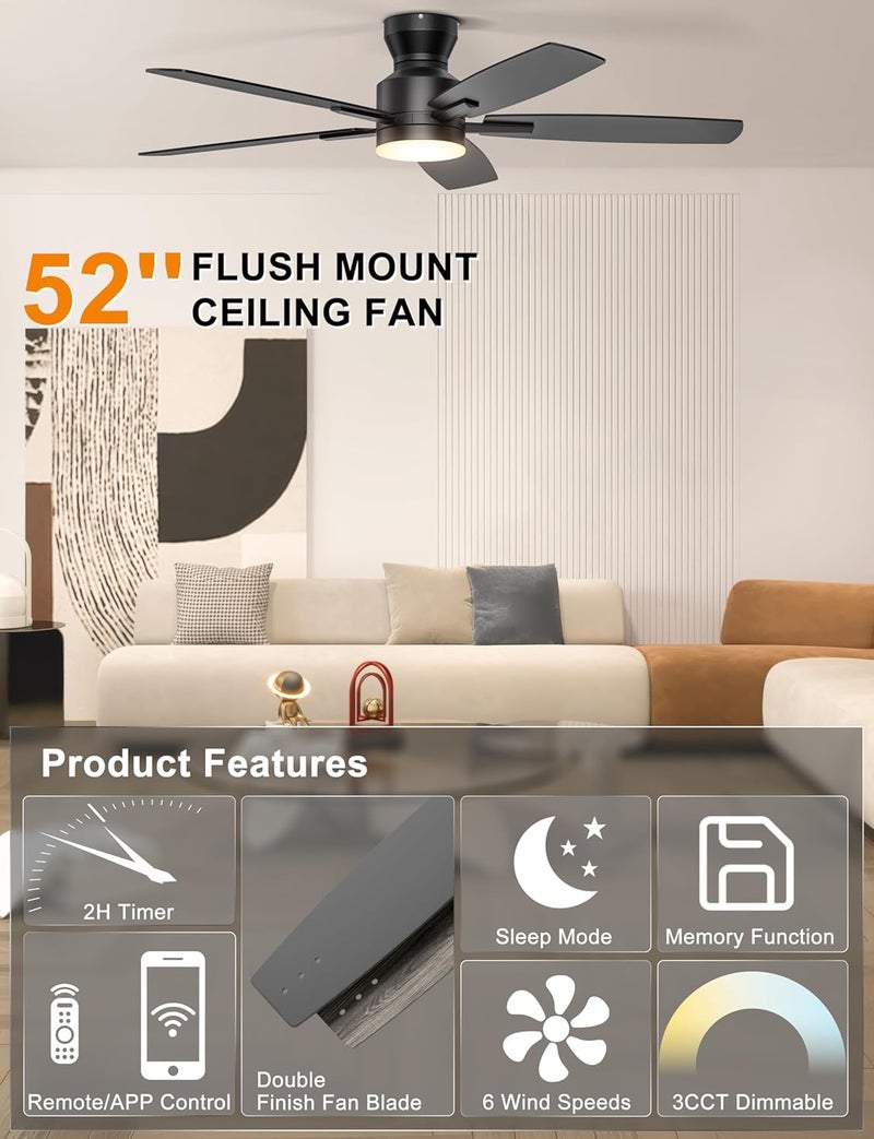 Ohniyou Ceiling Fans with Lights, 52'' Low Profile Ceiling Fan with Light and Remote/APP Control, Modern Flush Mount Ceiling Fan for Indoor Bedroom Living Room, Dimmable, Qiuet DC Motor, Black - Image 3