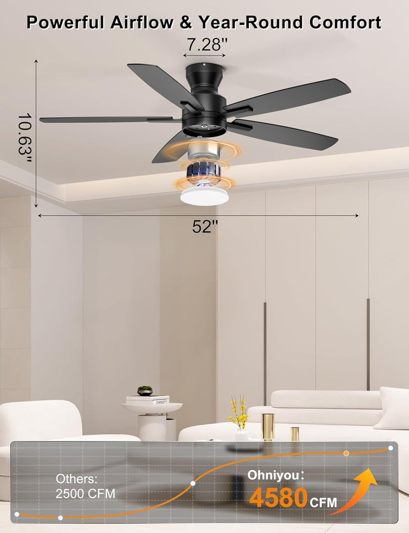Ohniyou Ceiling Fans with Lights, 52'' Low Profile Ceiling Fan with Light and Remote/APP Control, Modern Flush Mount Ceiling Fan for Indoor Bedroom Living Room, Dimmable, Qiuet DC Motor, Black - Image 2