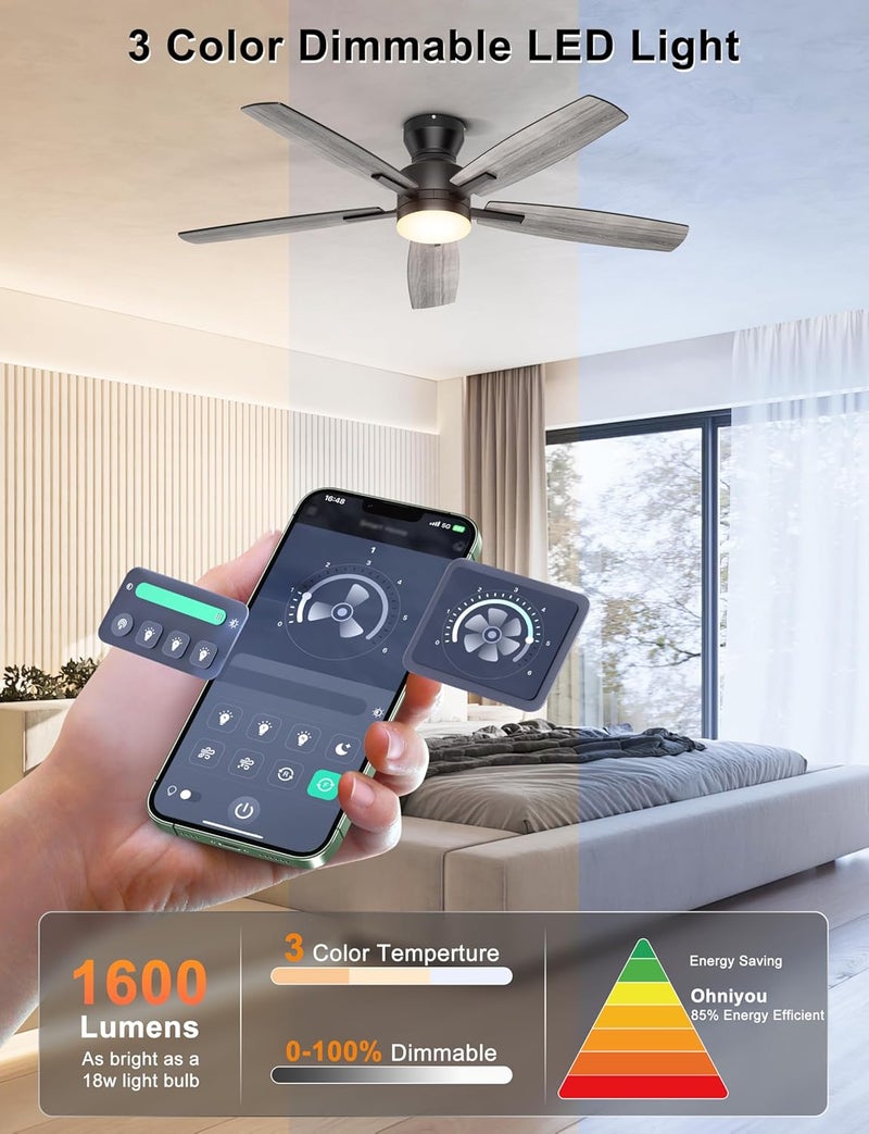 Ohniyou Ceiling Fans with Lights, 52'' Low Profile Ceiling Fan with Light and Remote/APP Control, Modern Flush Mount Ceiling Fan for Indoor Bedroom Living Room, Dimmable, Qiuet DC Motor, Black - Image 4