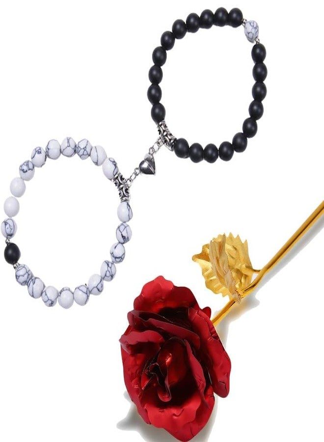 Thrillz Valentine Gift For Girlfriend Couple Bracelet For Men Women Beads Natural Stone Megnetic Heart Couple Bracelet Love Gifts With Golden Flower Box Jewellery - Image 1