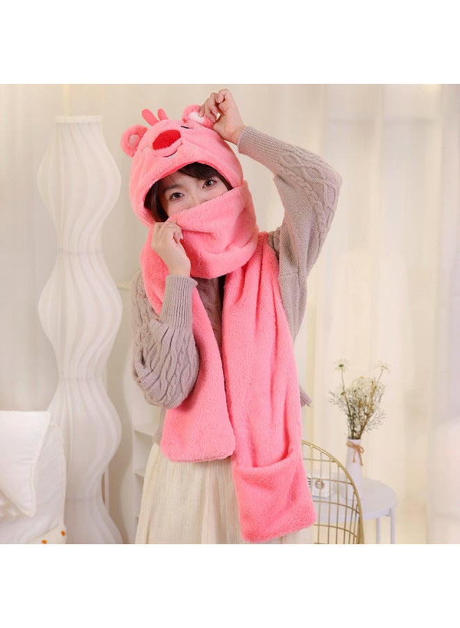 Kapi Bala Hat And Scarf Integrated Women's Winter Plush Cute Neck Cycling Cold-proof Thickened Warm Three-piece Set-Color:Rose Red-Specifications:0.25  - Image 5