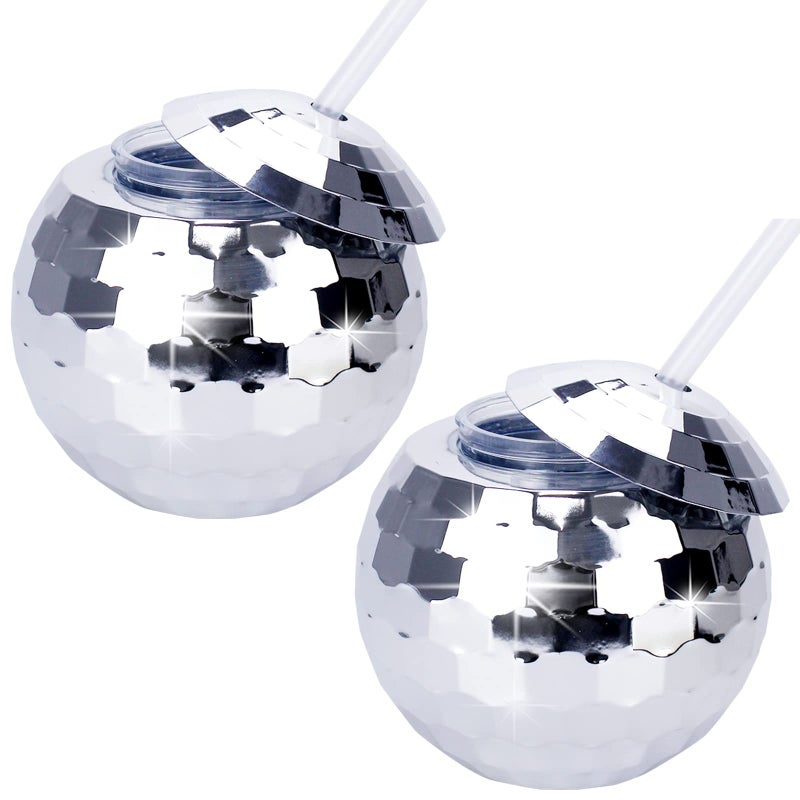 Xlong 2 Pack Silver Disco Ball Cups20 Oz Reusable Plastic Cups Tumbler with Lids and StrawsSparkly Glitter Disco Ball Cups Cocktail Cups Tea Bottle for Disco Party DecorationsAnniversaryNew Years