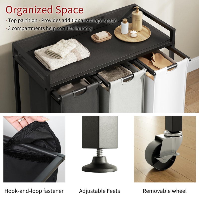 Herture Laundry Hampers with Shelf, Laundry Basket 3 Section, Laundry Sorter with Pull-Out Removable Large 3 Color Bags and Movable Wheels, Metal Frame, 3 x 15.87 Gallons (60L), Black PF04XLK - Image 3