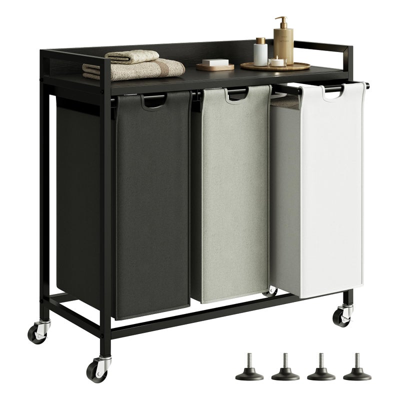 Herture Laundry Hampers with Shelf, Laundry Basket 3 Section, Laundry Sorter with Pull-Out Removable Large 3 Color Bags and Movable Wheels, Metal Frame, 3 x 15.87 Gallons (60L), Black PF04XLK - Image 1