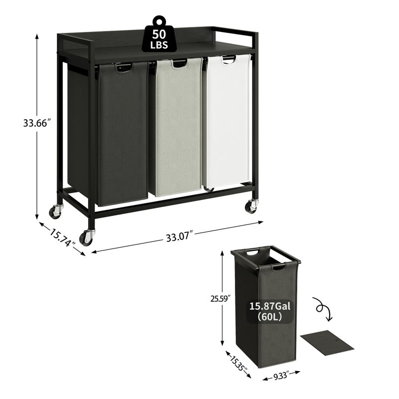 Herture Laundry Hampers with Shelf, Laundry Basket 3 Section, Laundry Sorter with Pull-Out Removable Large 3 Color Bags and Movable Wheels, Metal Frame, 3 x 15.87 Gallons (60L), Black PF04XLK - Image 4