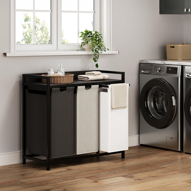 Herture Laundry Hampers with Shelf, Laundry Basket 3 Section, Laundry Sorter with Pull-Out Removable Large 3 Color Bags and Movable Wheels, Metal Frame, 3 x 15.87 Gallons (60L), Black PF04XLK - Image 2