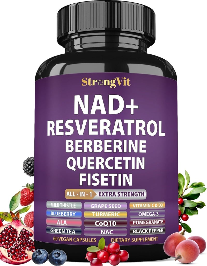 StrongVit مكمل NAD ريسفيراترول مع بيربرين كيرسيتين CoQ10 صيغة مضادة للشيخوخة للنساء والرجال ليبوسومال NAD بلس معزز NAD فيتامين عضوي نقي من الولايات المتحدة - Image 1