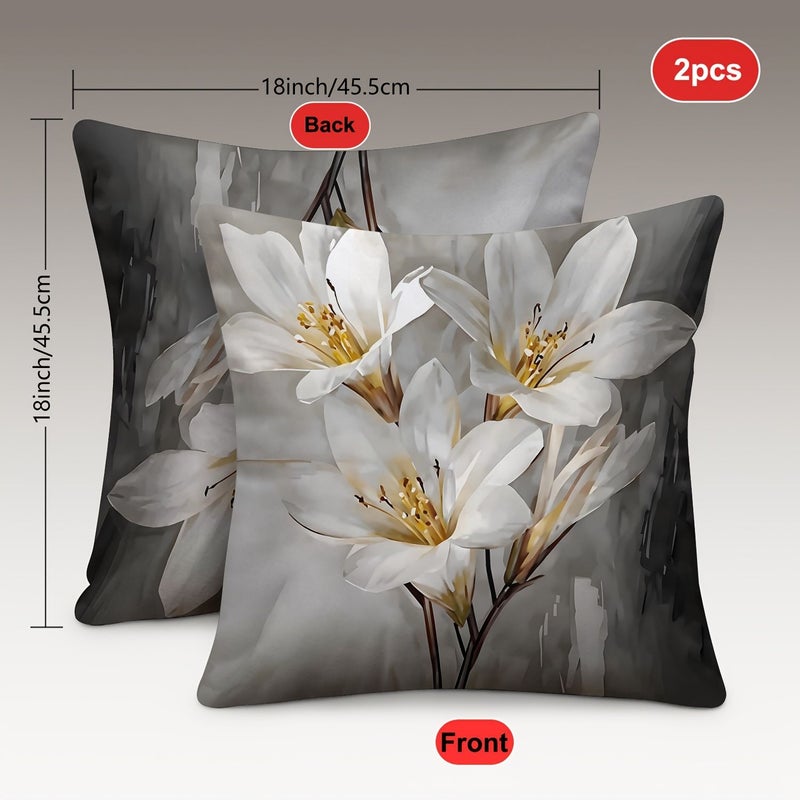 Set Of 2 Floral Orchid Oil Painting Pillowcases White 18x18 Inch Short Plush - Image 3