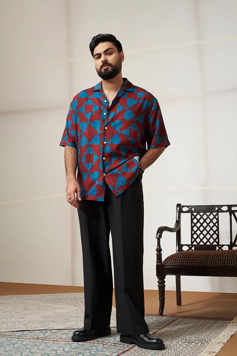 سنيتش Red Geometric Half Sleeve Relaxed Shirt