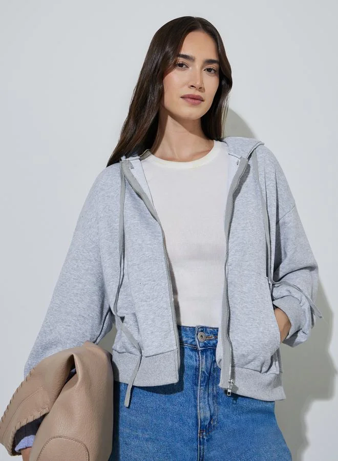 Styli Grey Solid Zip-Up Hooded Jacket