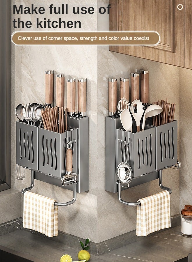Dish Drying Rack and Knife Holder with 2 Chopsticks Holder, Removable Plastic Drainage Tray    Can Be Disassembled and Washed in One Perforation-free Wall Hanger