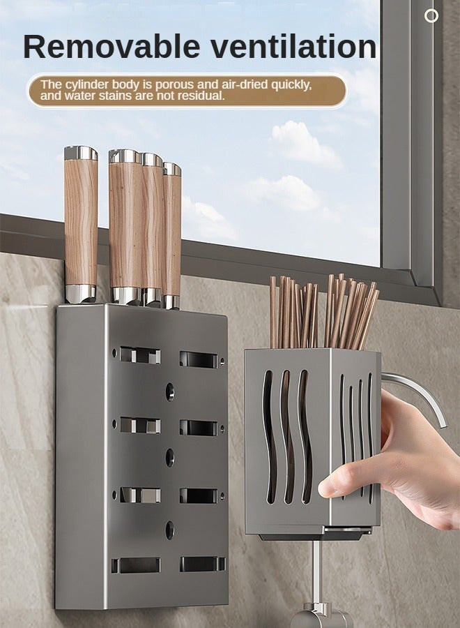 Dish Drying Rack and Knife Holder with 2 Chopsticks Holder, Removable Plastic Drainage Tray    Can Be Disassembled and Washed in One Perforation-free Wall Hanger