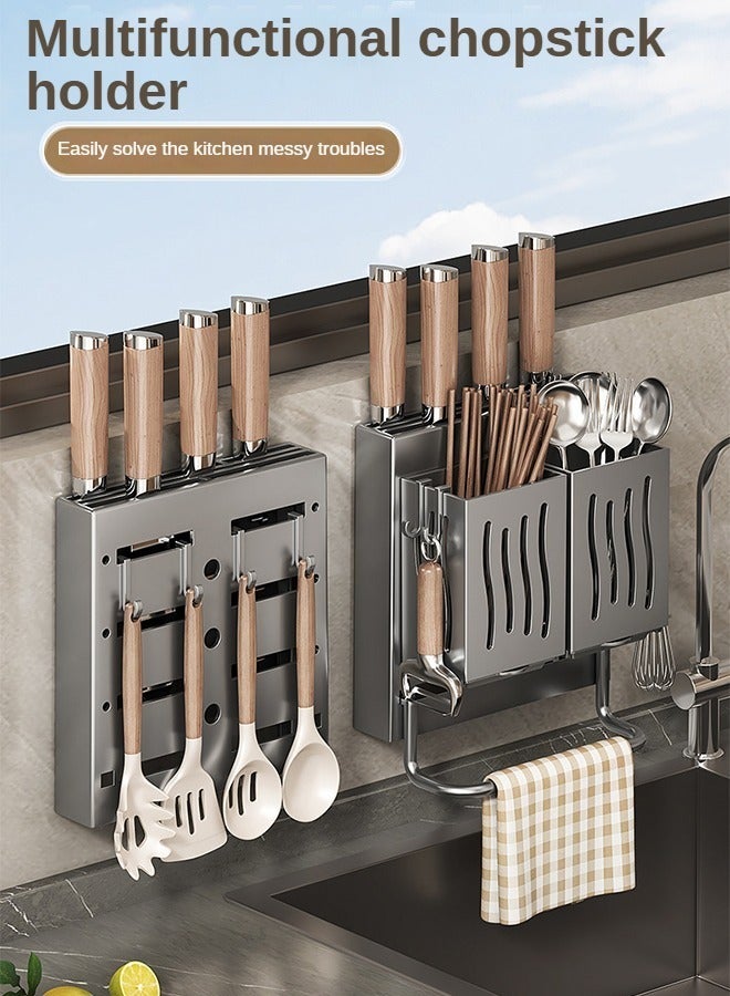 Dish Drying Rack and Knife Holder with 2 Chopsticks Holder, Removable Plastic Drainage Tray    Can Be Disassembled and Washed in One Perforation-free Wall Hanger