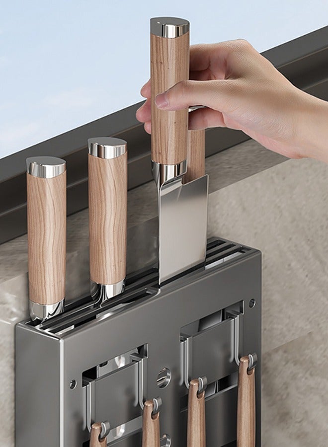 Dish Drying Rack and Knife Holder with 2 Chopsticks Holder, Removable Plastic Drainage Tray    Can Be Disassembled and Washed in One Perforation-free Wall Hanger
