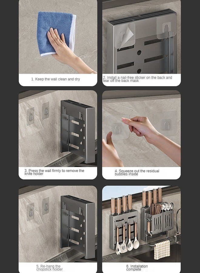 Dish Drying Rack and Knife Holder with 2 Chopsticks Holder, Removable Plastic Drainage Tray    Can Be Disassembled and Washed in One Perforation-free Wall Hanger