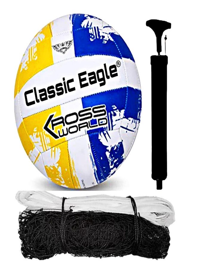 Classic Eagle Kross World PVC Volleyball With Air Pump And Nylon Net Full Kit Official Size And Weight (Pack Of 1), Multicolor - Image 1
