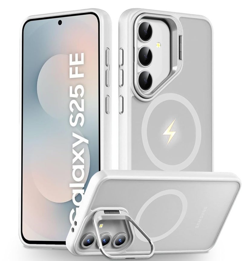DIZORO Polycarbonate Samsung Galaxy S25 FE Case Compatible with Wireless Charging,with Camera Stand,Military Grade Drop Tested,Translucent Hard Back Soft Edge Back Cover (White) - Image 1