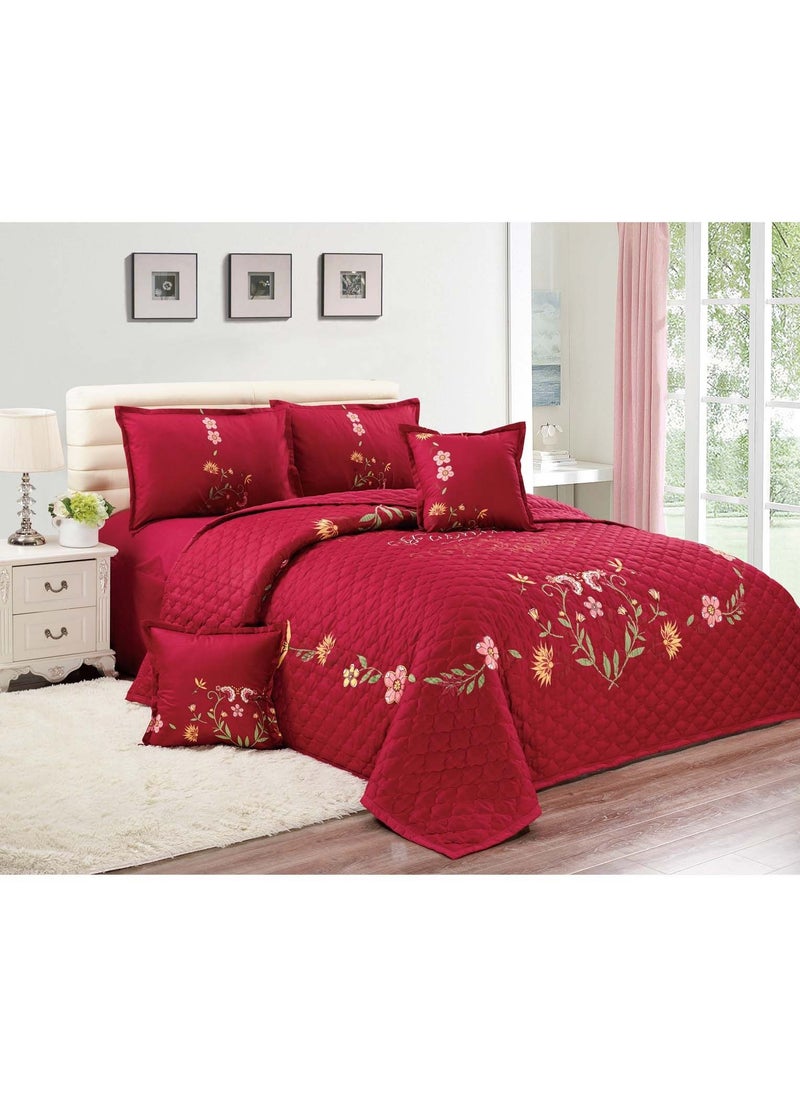 Sleep night - Sleep Night Floral Compressed 4Pcs Comforter Set, Single Size 160 X 210 Cm All Season Reversible Bedding Set, Geometric Quilted Stitching Design Red - Image 1