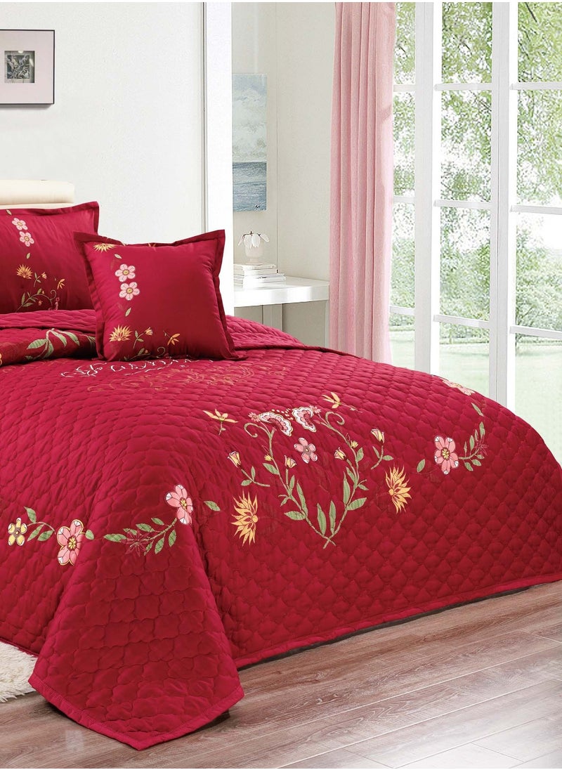 Sleep night - Sleep Night Floral Compressed 4Pcs Comforter Set, Single Size 160 X 210 Cm All Season Reversible Bedding Set, Geometric Quilted Stitching Design Red - Image 1