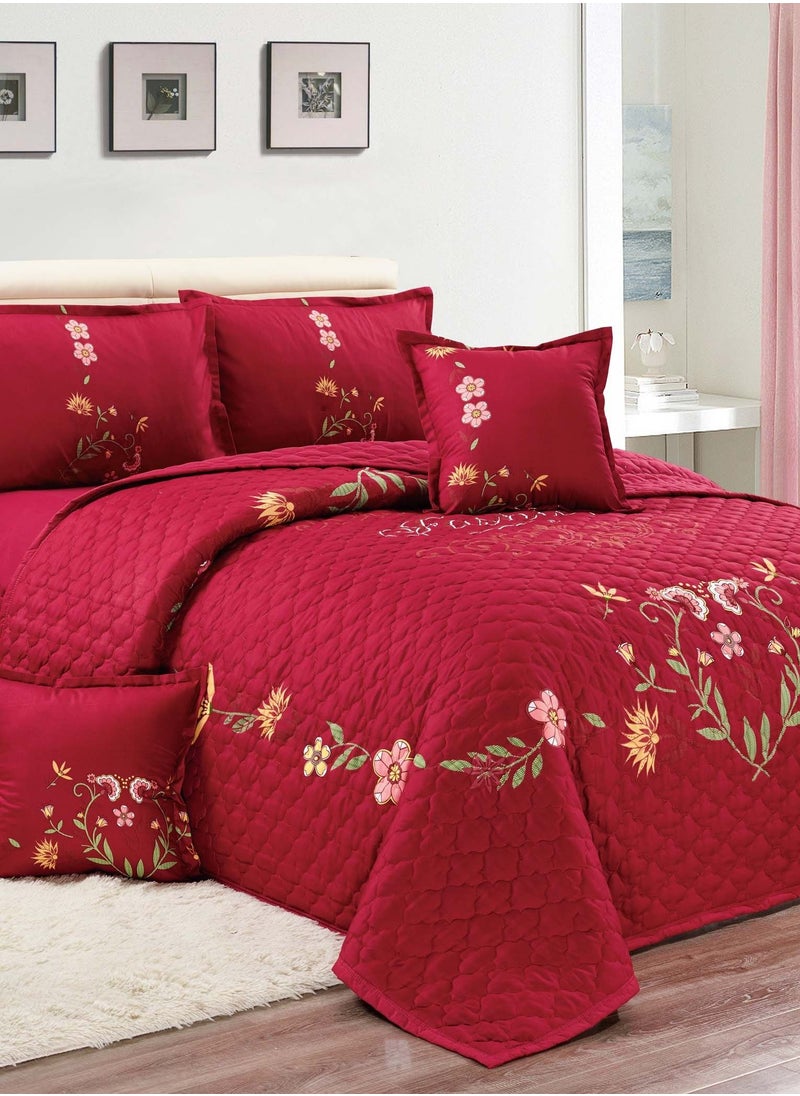 Sleep night - Sleep Night Floral Compressed 4Pcs Comforter Set, Single Size 160 X 210 Cm All Season Reversible Bedding Set, Geometric Quilted Stitching Design Red - Image 1