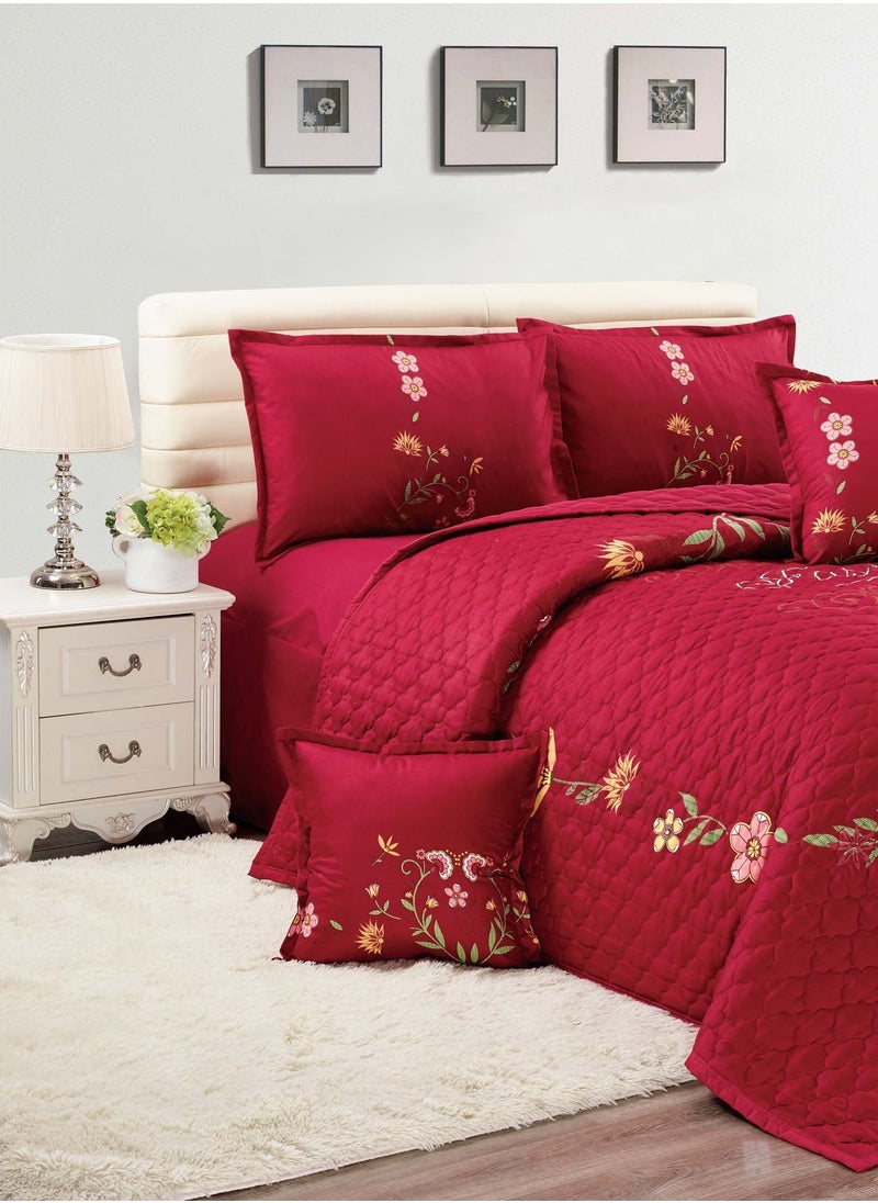 Sleep night - Sleep Night Floral Compressed 4Pcs Comforter Set, Single Size 160 X 210 Cm All Season Reversible Bedding Set, Geometric Quilted Stitching Design Red - Image 1
