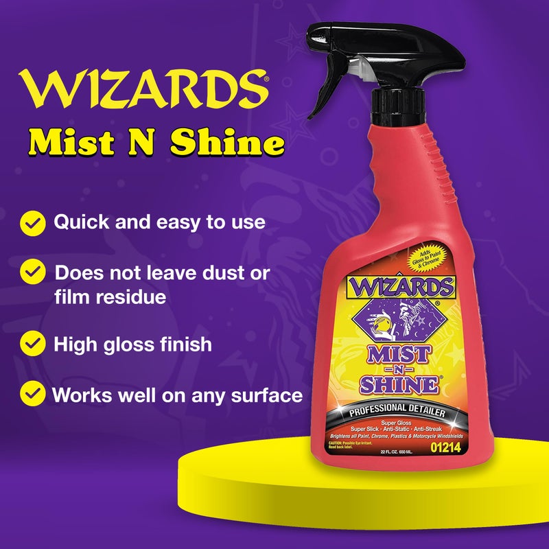 Wizards Mist-N-Shine Detail Spray - 22 Oz - Multi-Purpose High Gloss Finish Waterless Quick Detailer Spray for Glass, Chrome, Paint and Plastics - Car Exterior Cleaner for Auto Detailing Supplies - Image 2