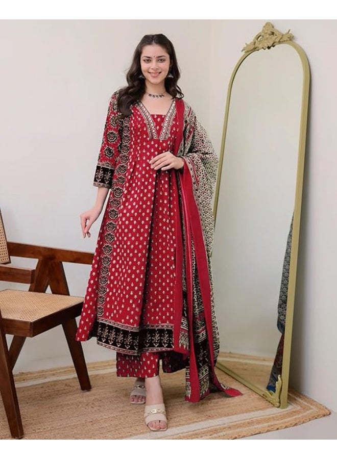 GoSriKi Women's Pure Cotton Anarkali Kurta with Dupatta & Palazzo L - Image 3