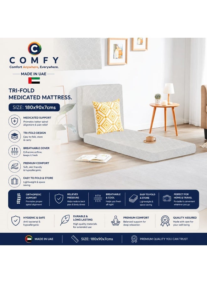 COMFY PREMIUM WHITE SEMI MEDICATED FOLDING PORTABLE MATTRESS 180 X 90 X 7 CM